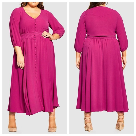 City Chic Dresses & Skirts - City Chic Zadie Shirred Waist Button Front Maxi Dress Sz XS/14 Pink 3/4 Sleeve